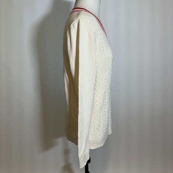 Talbots Ivory Pink Red Cable Knit Pointelle V-Neck Sweater Womens Size Small S - Picture 3 of 10